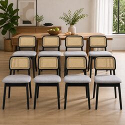 Set of 8 Black Wood Frame Dining Chairs with Rattan Weave