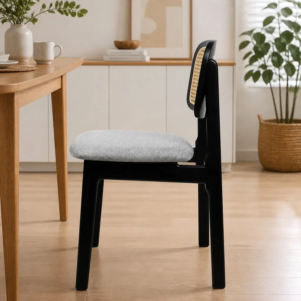 Set of 8 Armless Dining Chairs with Black Wood Frame and Rattan Weave Backrest for Kitchen and Dining Spaces