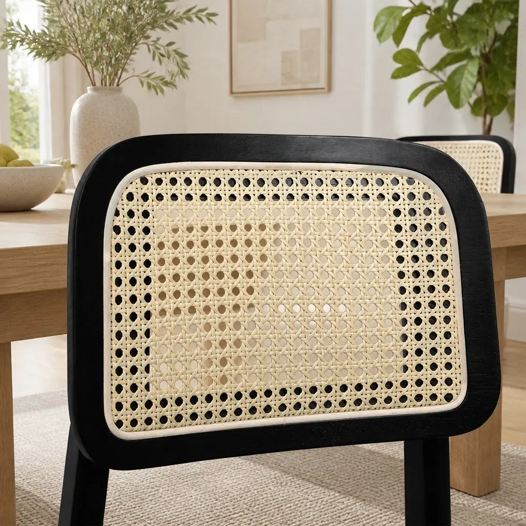 Set of 8 Armless Dining Chairs with Black Wood Frame and Rattan Weave Backrest for Kitchen and Dining Spaces