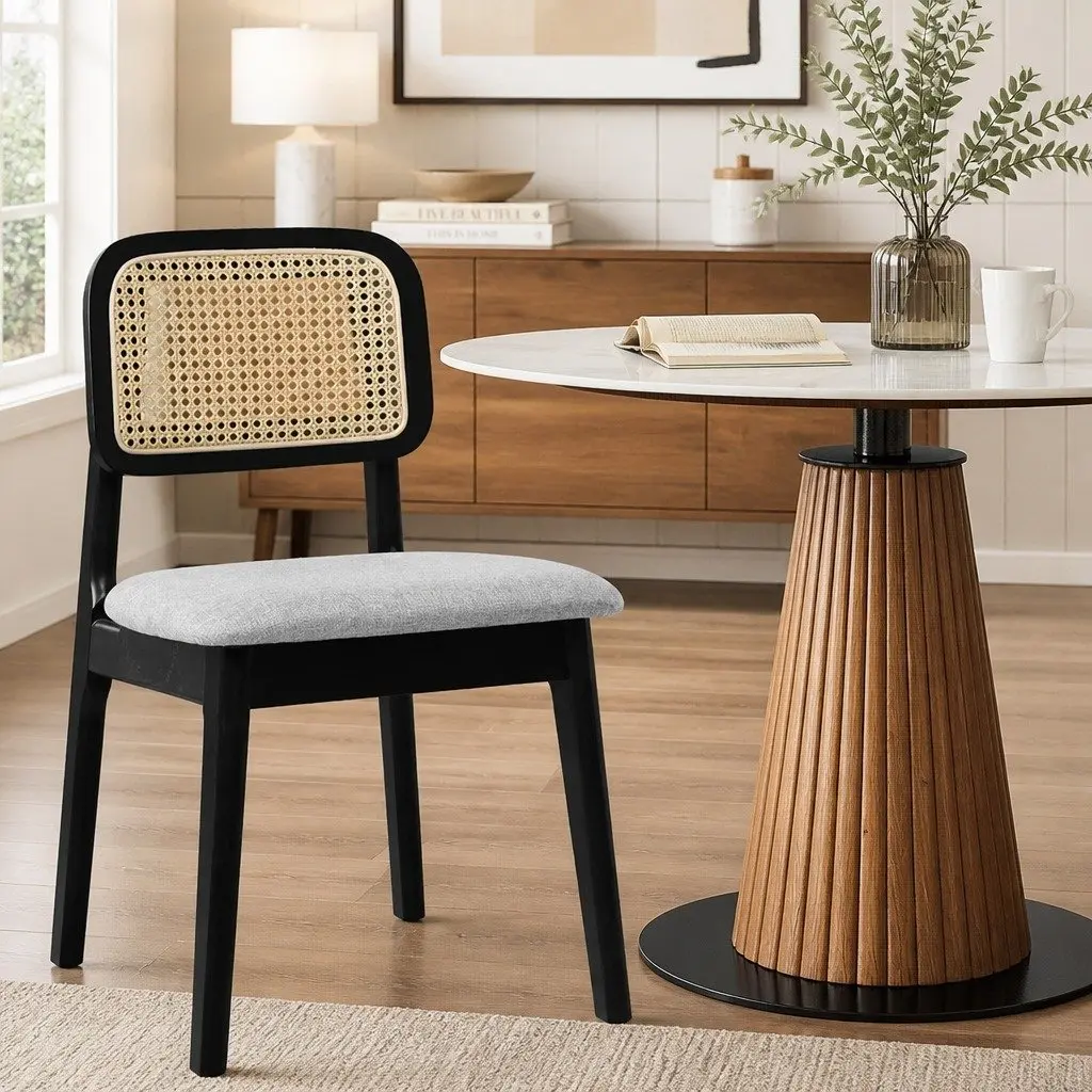 Set of 8 Armless Dining Chairs with Black Wood Frame and Rattan Weave Backrest for Kitchen and Dining Spaces