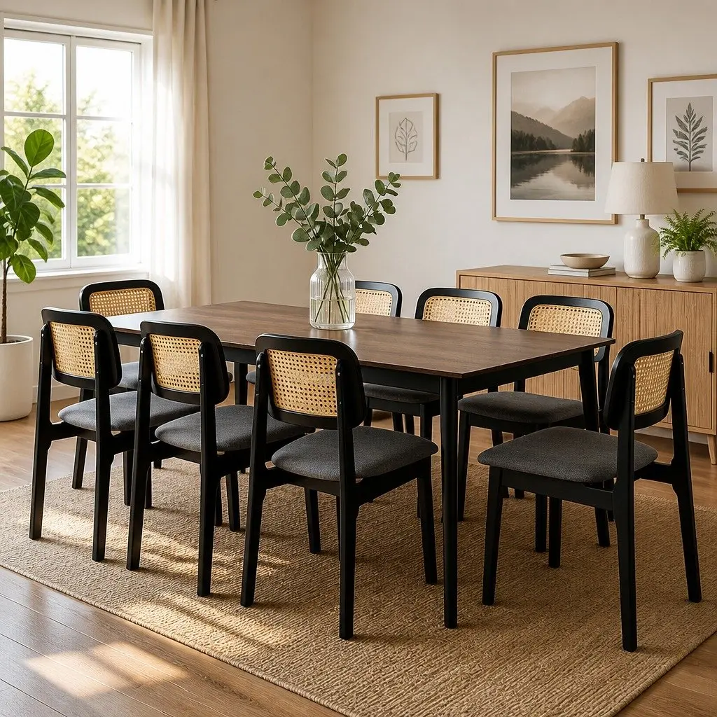 Set of 8 Armless Dining Chairs with Black Wood Frame and Rattan Weave Backrest for Kitchen and Dining Spaces