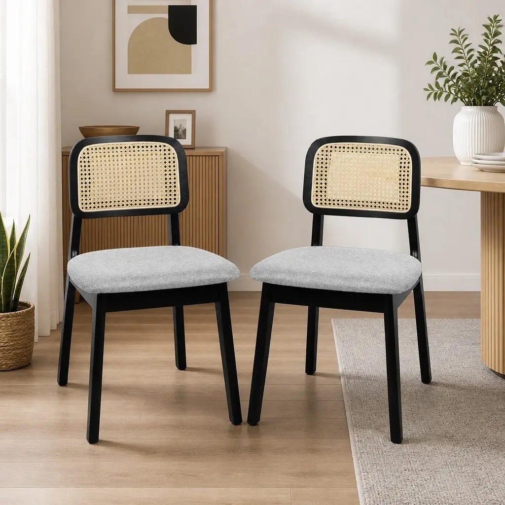 Set of 8 Armless Dining Chairs with Black Wood Frame and Rattan Weave Backrest for Kitchen and Dining Spaces
