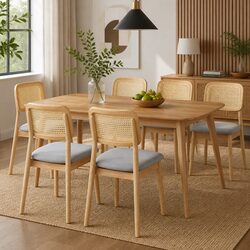 Set of 6 Natural Rattan Dining Chairs with Wood Frame