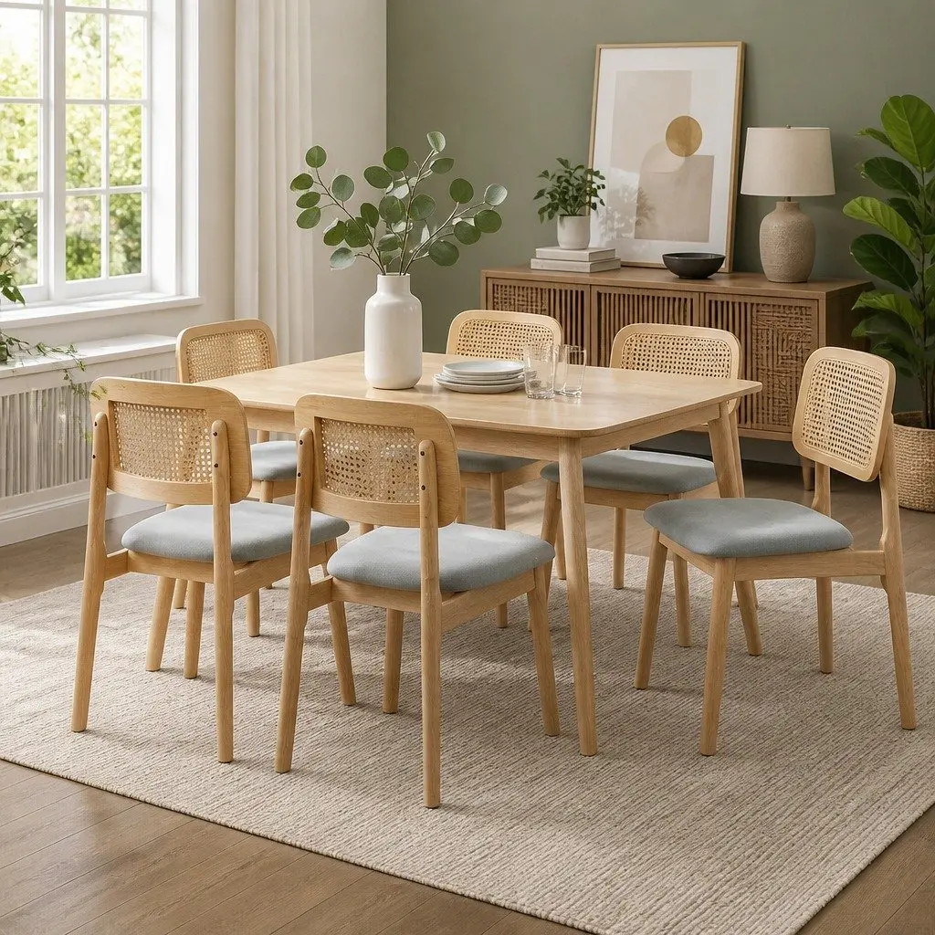 Set of 6 Natural Rattan Dining Chairs with Wood Frame