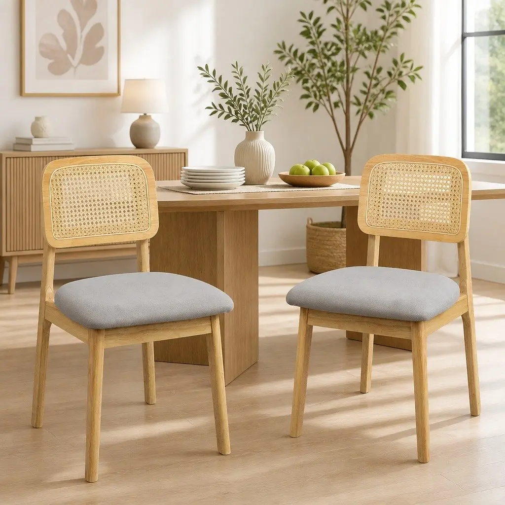 Set of 6 Natural Rattan Dining Chairs with Wood Frame