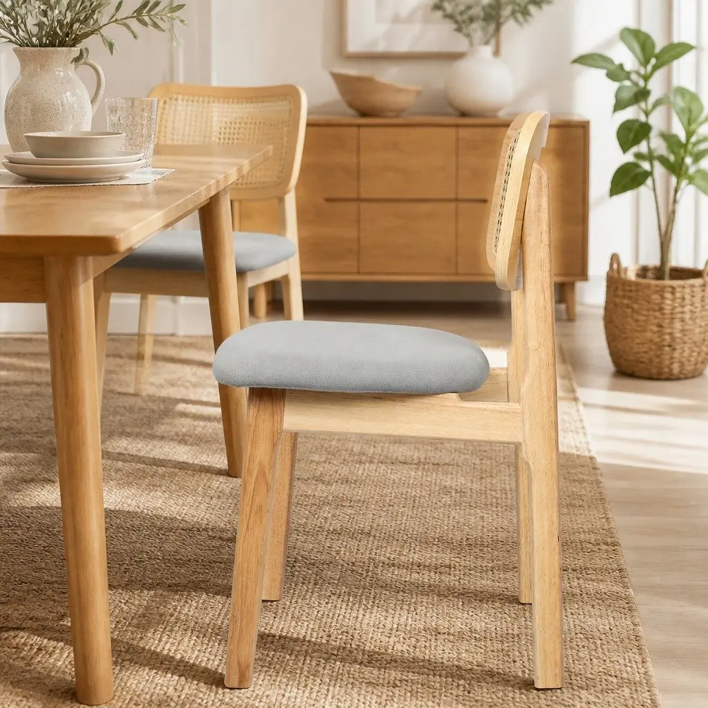 Dining Chair Armless Rattan Natural Wood Set of 8 Kitchen Furniture