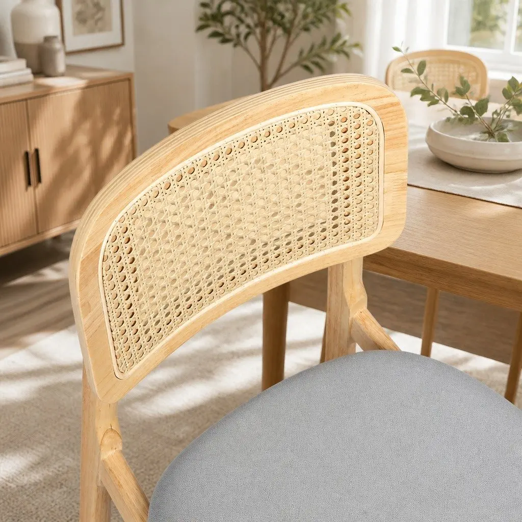 Dining Chair Armless Rattan Natural Wood Set of 8 Kitchen Furniture