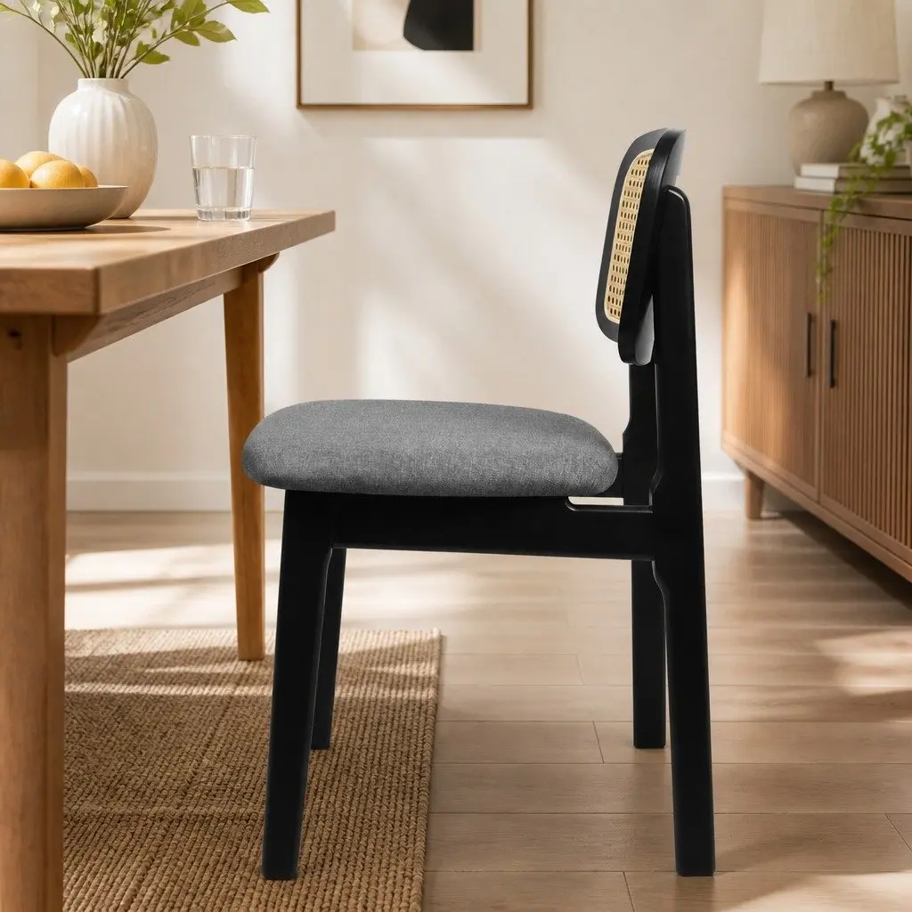 Set of 2 Black Rattan Woven Dining Chairs