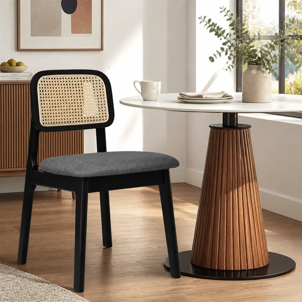 Set of 2 Black Rattan Woven Dining Chairs