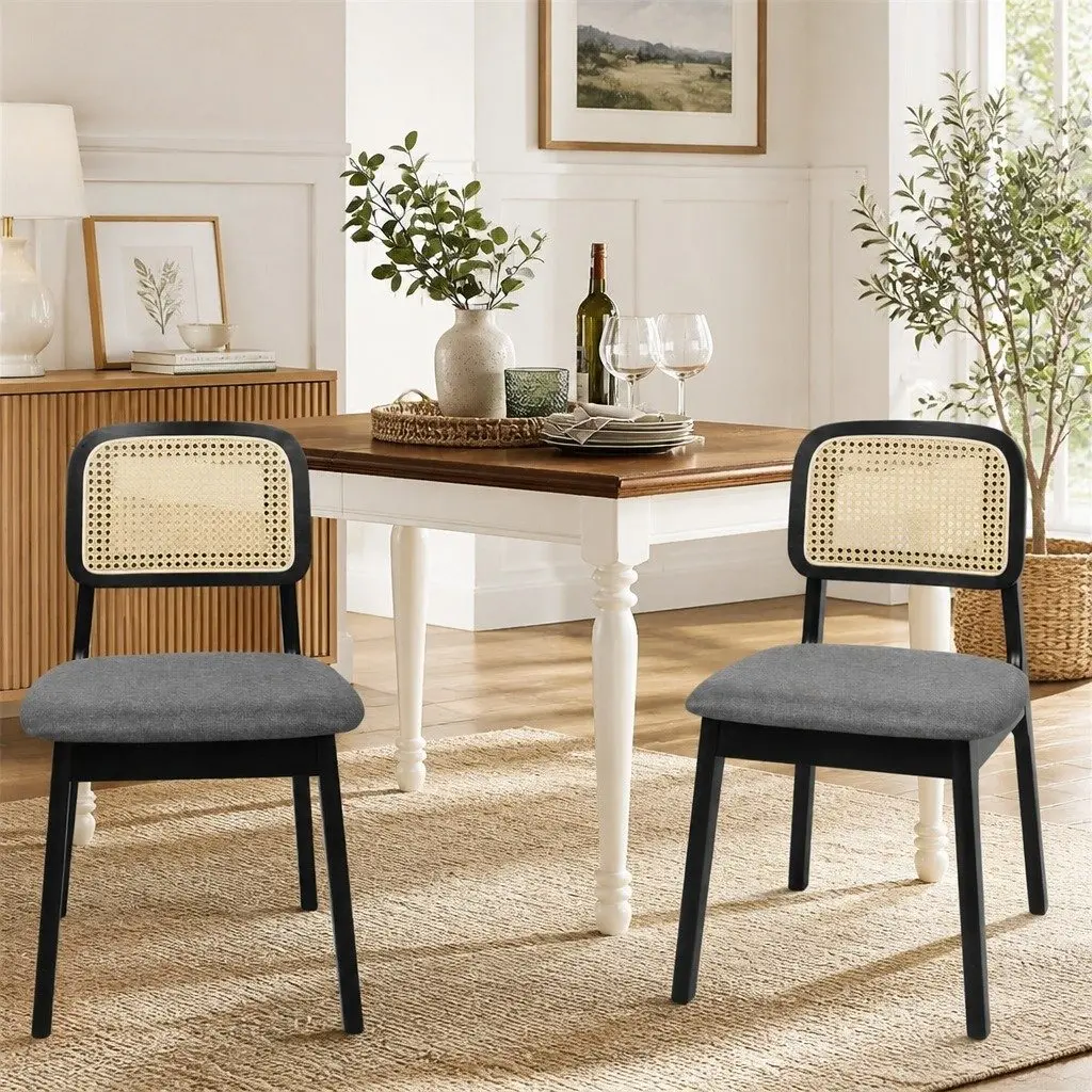 Set of 2 Black Rattan Woven Dining Chairs