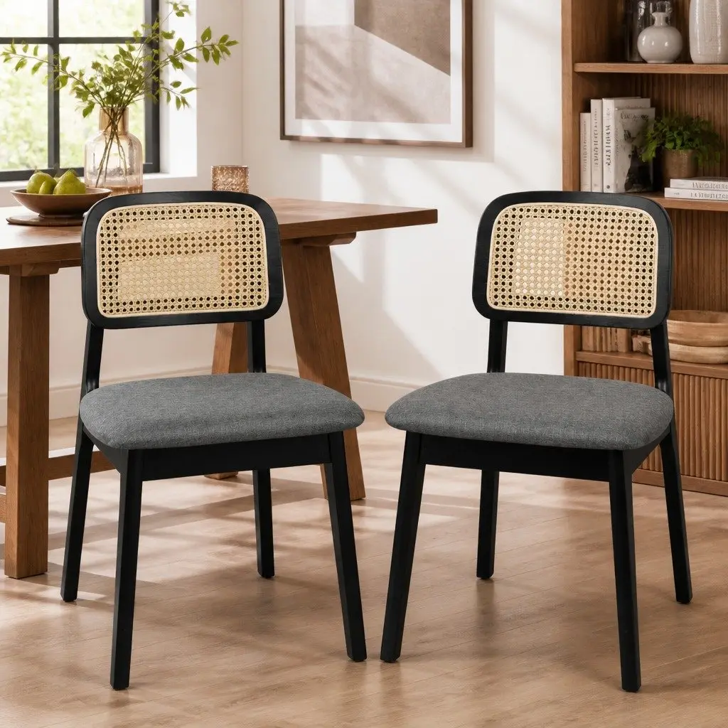 Set of 2 Black Rattan Woven Dining Chairs