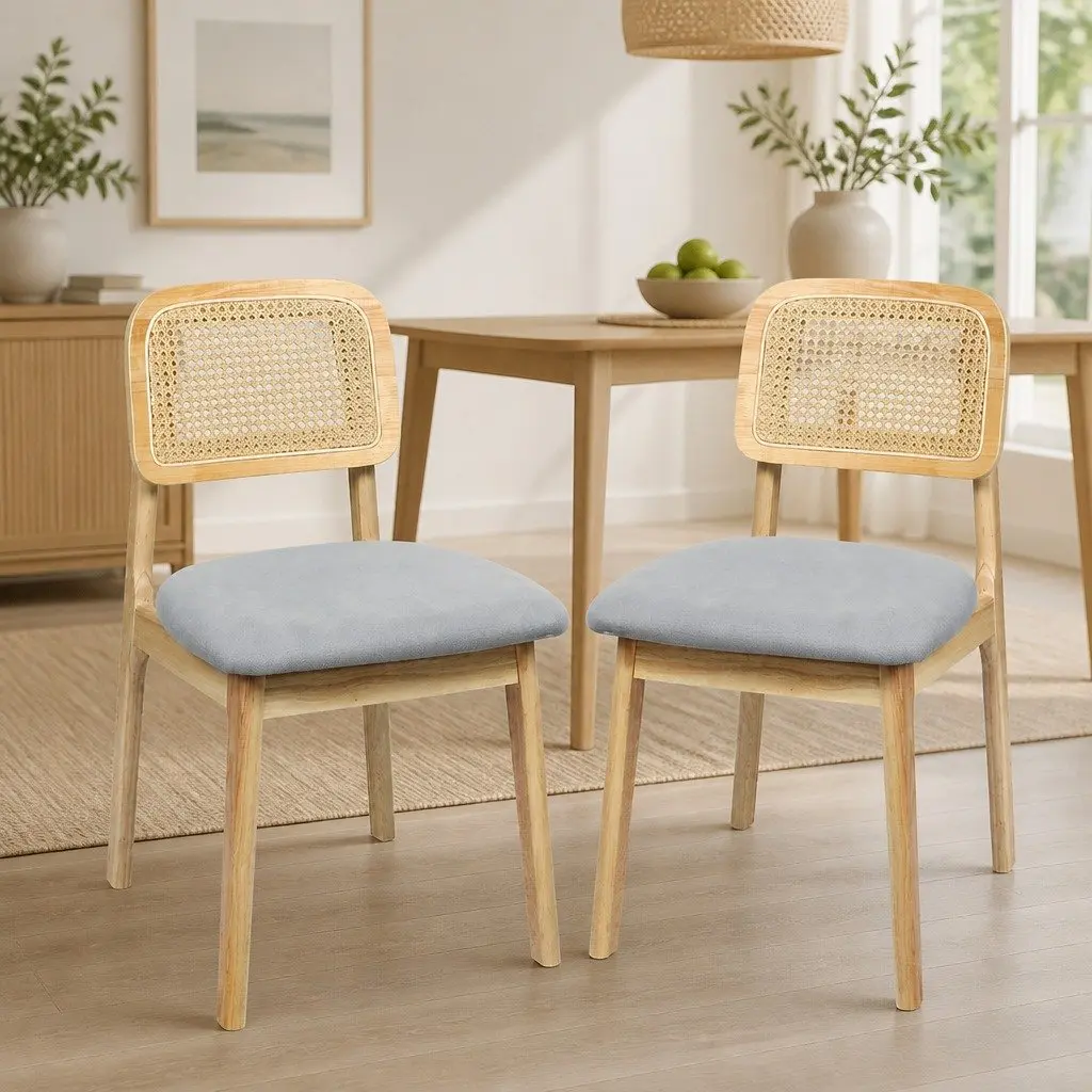 Set of 2 Natural Rattan Dining Chairs with Wooden Frame