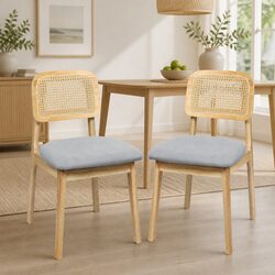 Set of 2 Natural Rattan Dining Chairs with Wooden Frame