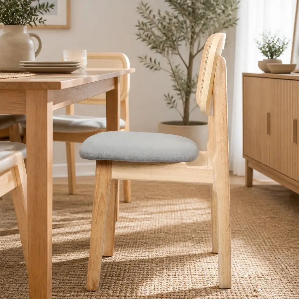 Set of 2 Natural Rattan Dining Chairs with Wooden Frame