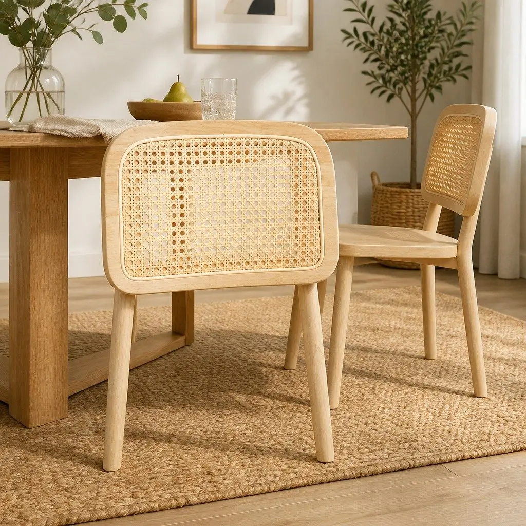 Set of 2 Natural Rattan Dining Chairs with Wooden Frame