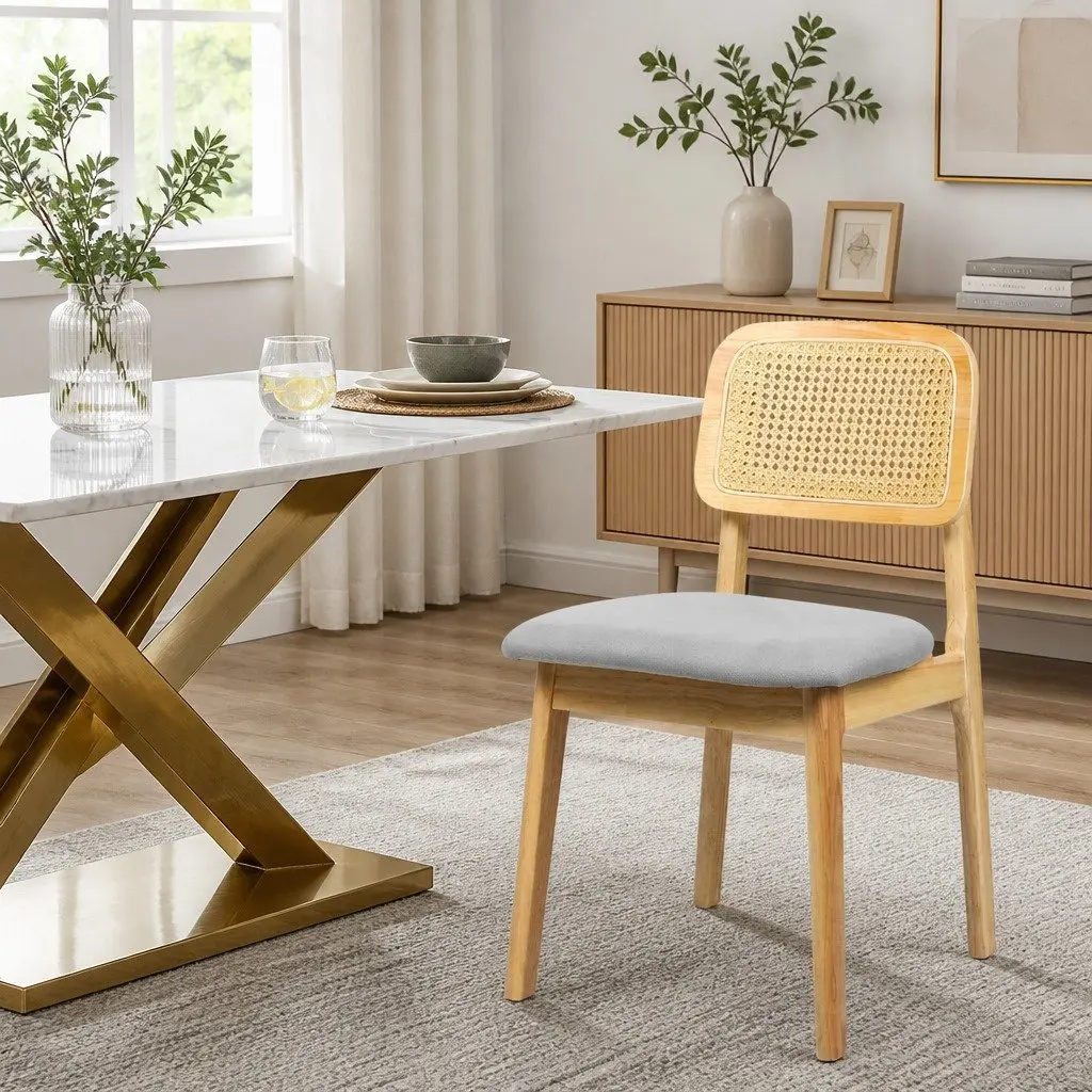Set of 2 Natural Rattan Dining Chairs with Wooden Frame