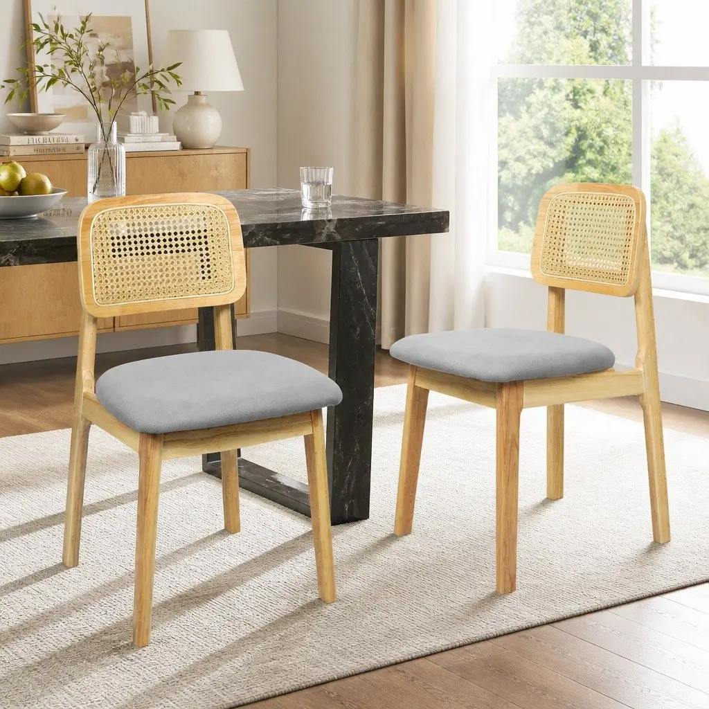 Set of 2 Natural Rattan Dining Chairs with Wooden Frame