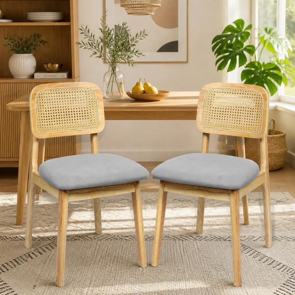 Set of 2 Natural Rattan Dining Chairs with Wooden Frame