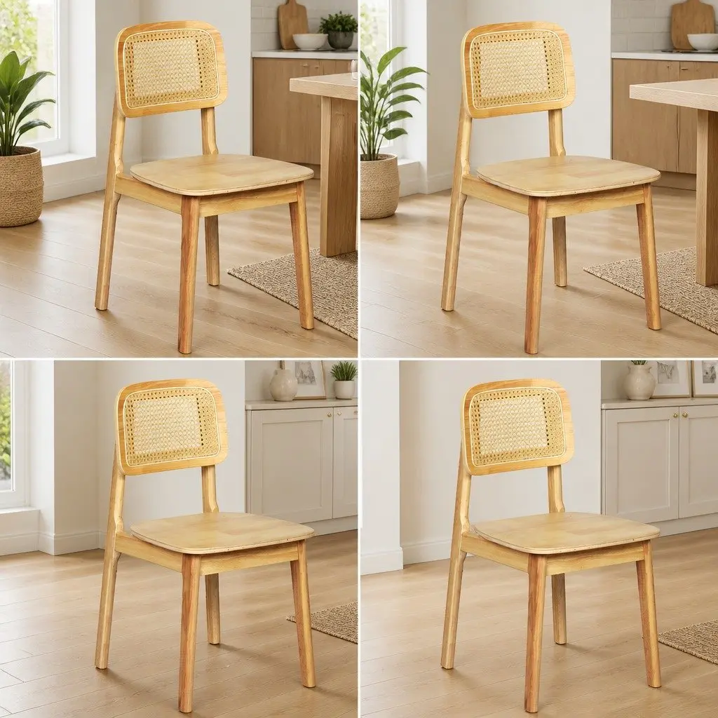 Dining Chair Rattan Cane Wooden Armless Natural 4 Piece