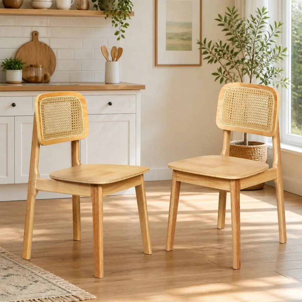 Dining Chair Rattan Cane Wooden Armless Natural 4 Piece