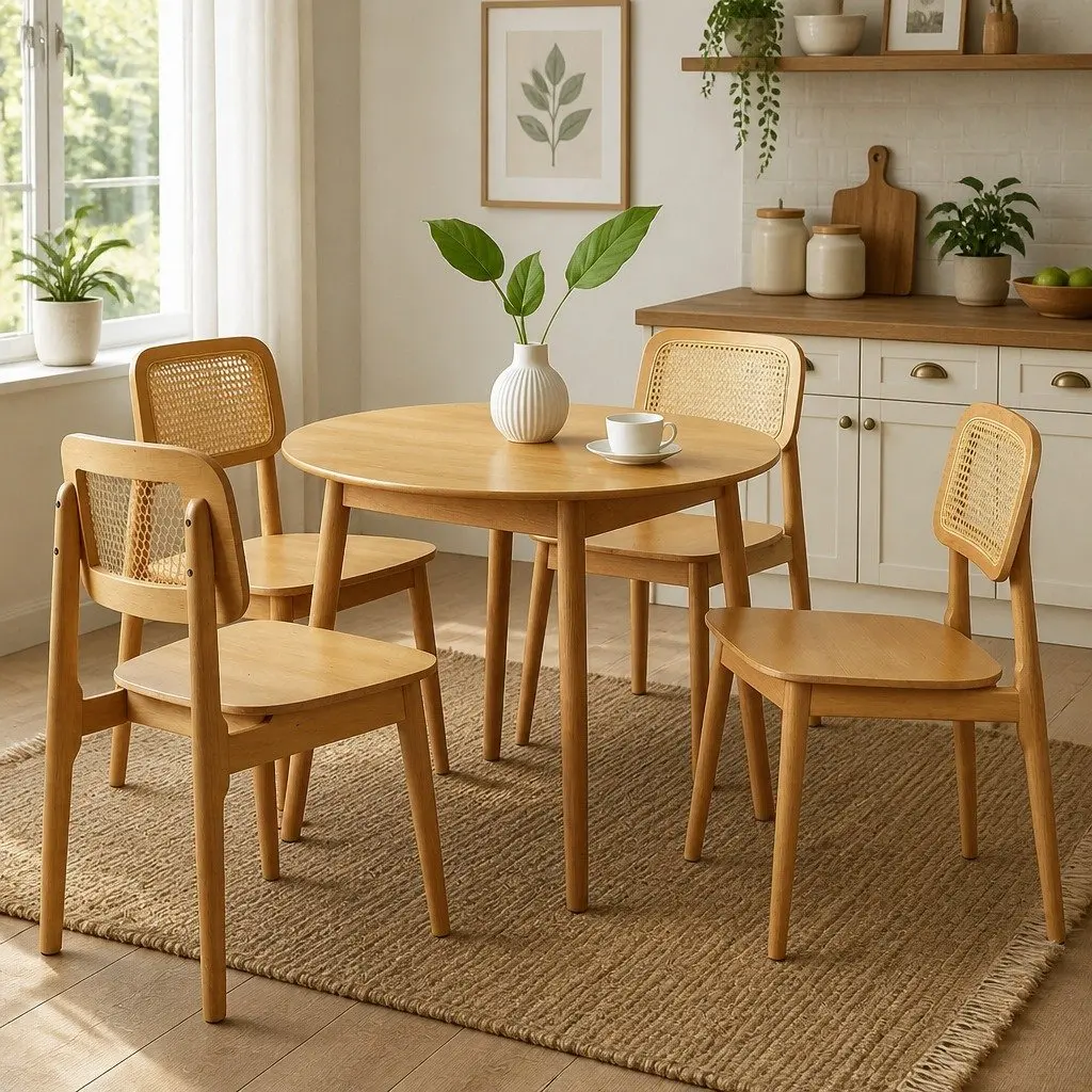 Dining Chair Rattan Cane Wooden Armless Natural 4 Piece