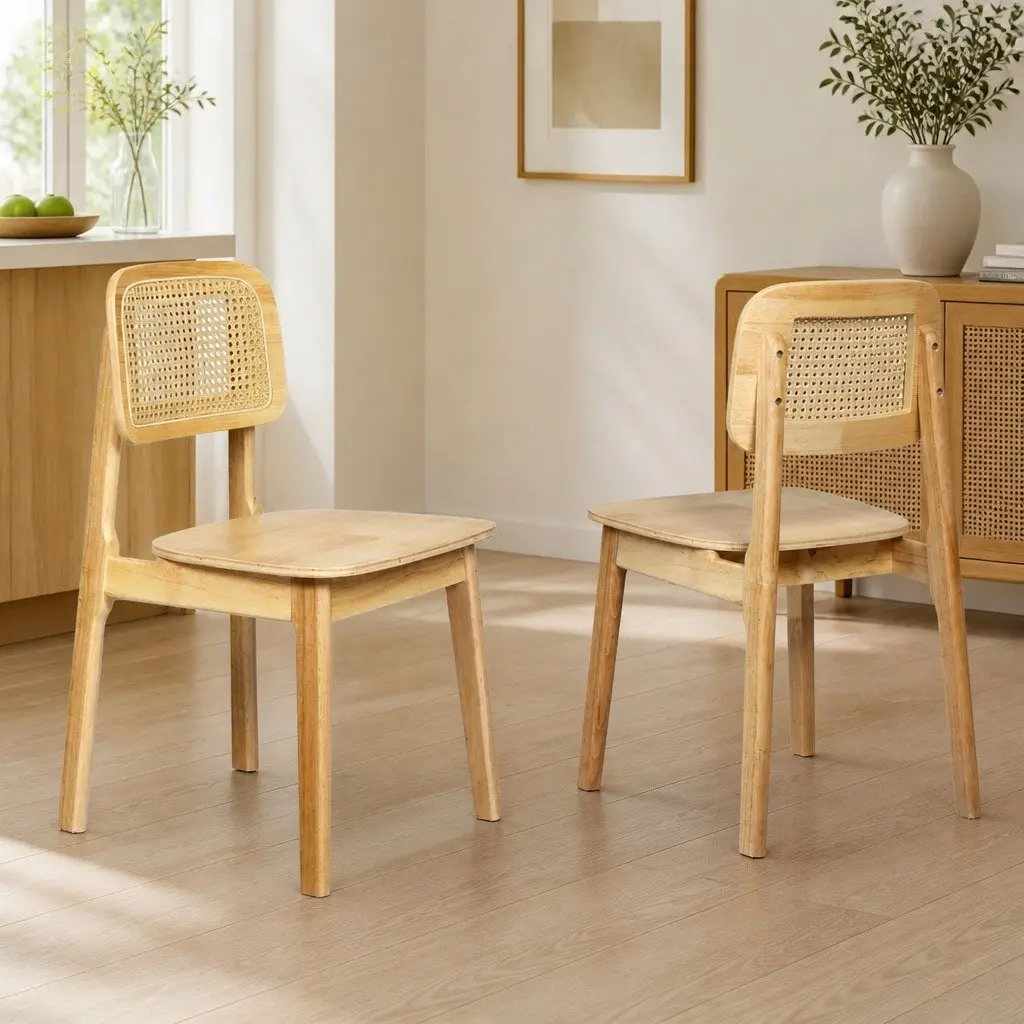 Dining Chair Rattan Cane Wooden Armless Natural 4 Piece