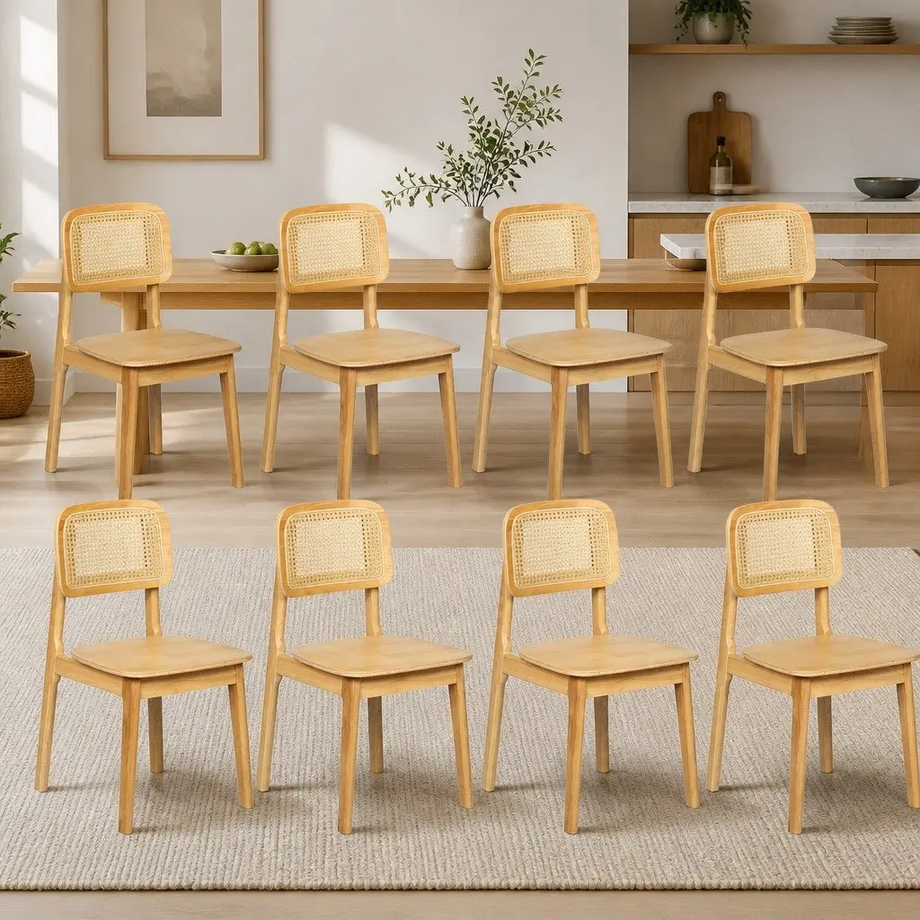 Dining Chair Set of 8 Natural Cane Rattan Weave Wooden Kitchen Chairs