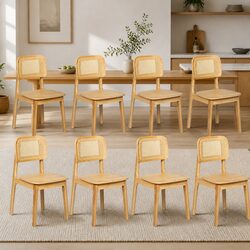 Dining Chair Set of 8 Rattan Cane Weave Wooden Kitchen Chairs Natural Seating