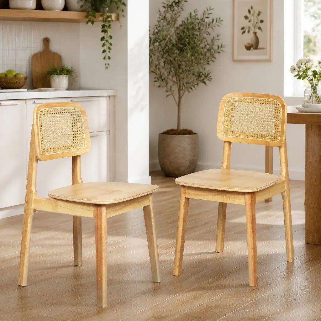 Dining Chair Set of 8 Natural Cane Rattan Weave Wooden Kitchen Chairs