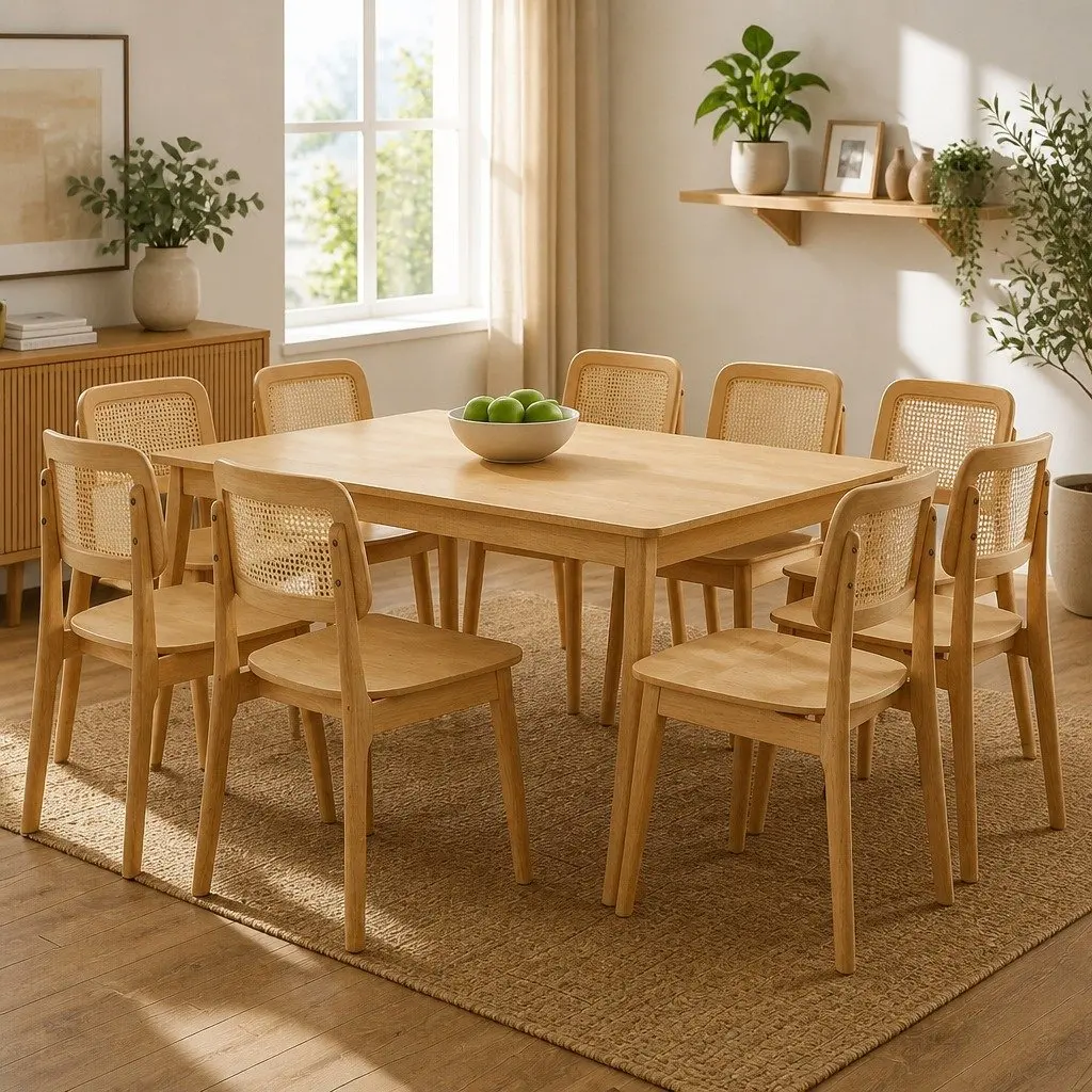 Dining Chair Set of 8 Natural Cane Rattan Weave Wooden Kitchen Chairs