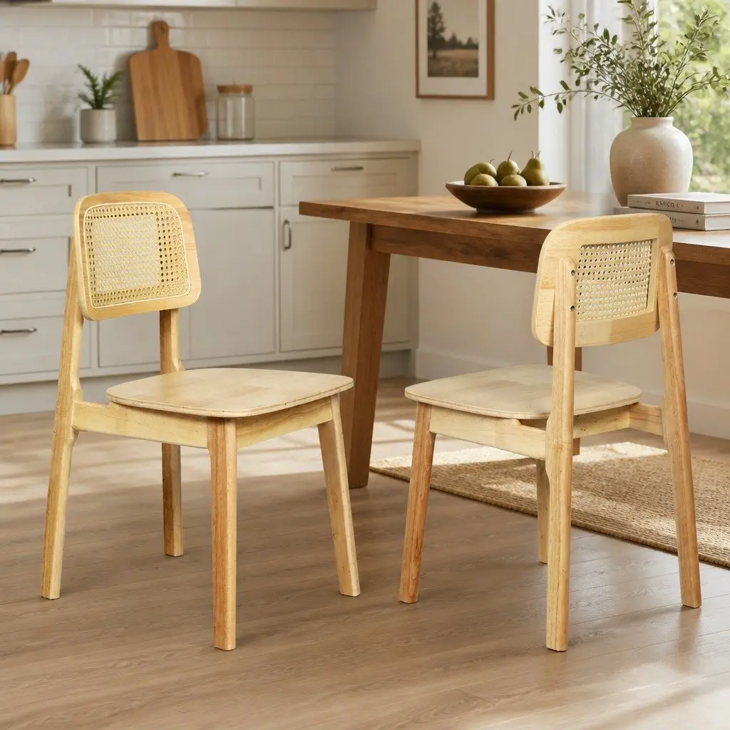 Dining Chair Set of 8 Natural Cane Rattan Weave Wooden Kitchen Chairs