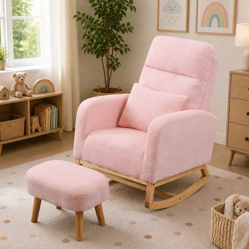 Rocking Chair Ottoman Footrest Set Pink Teddy Plush Ergonomic High Backrest Solid Wood