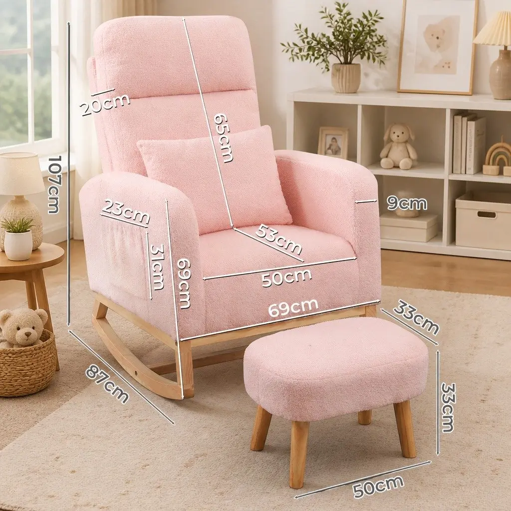 Rocking Chair Ottoman Footrest Set Pink Teddy Plush Ergonomic High Backrest Solid Wood