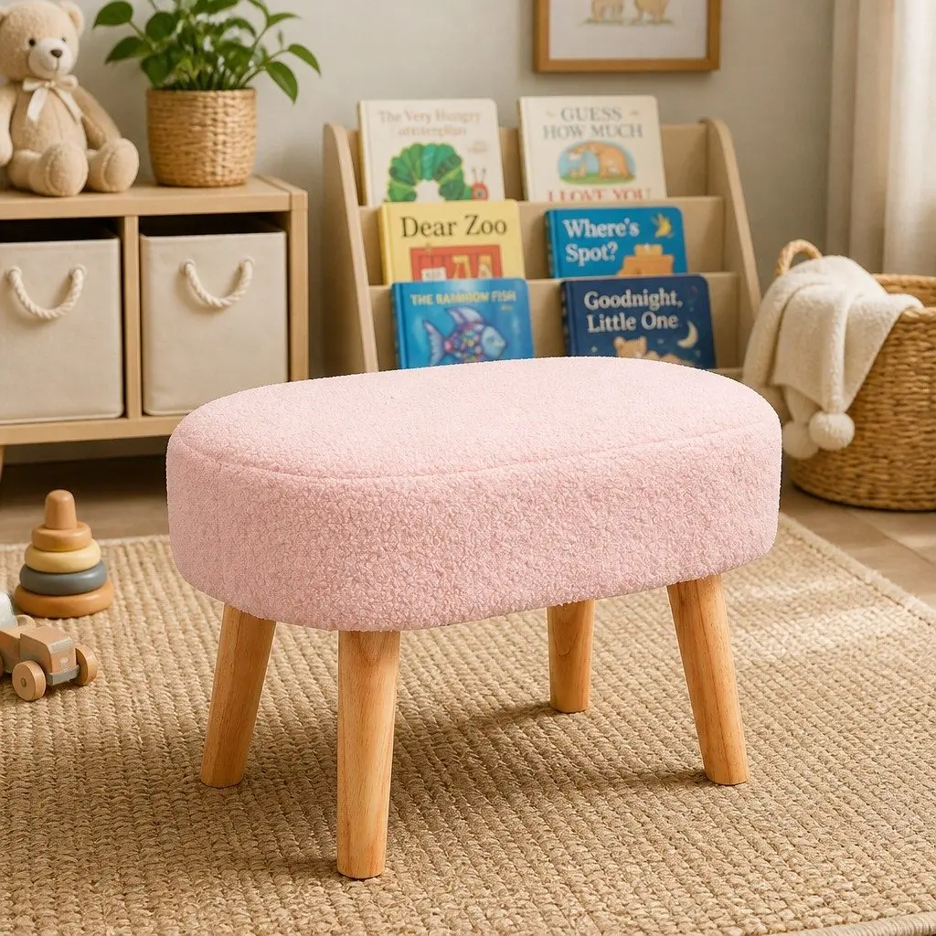 Rocking Chair Ottoman Footrest Set Pink Teddy Plush Ergonomic High Backrest Solid Wood