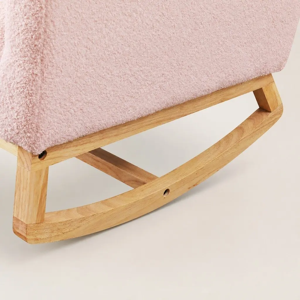 Rocking Chair Ottoman Footrest Set Pink Teddy Plush Ergonomic High Backrest Solid Wood