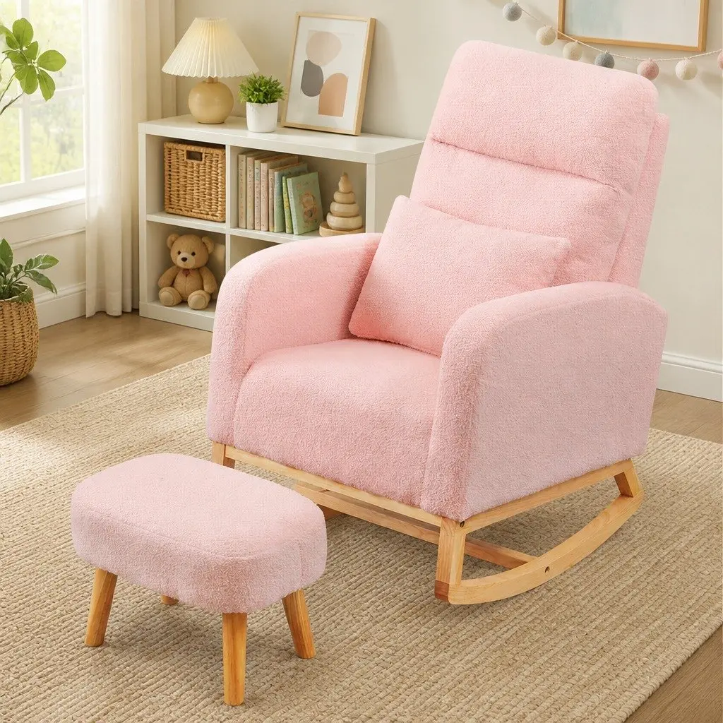 Rocking Chair Ottoman Footrest Set Pink Teddy Plush Ergonomic High Backrest Solid Wood