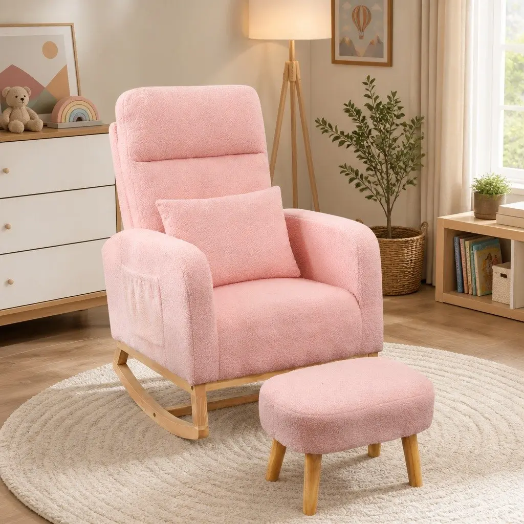 Rocking Chair Ottoman Footrest Set Pink Teddy Plush Ergonomic High Backrest Solid Wood