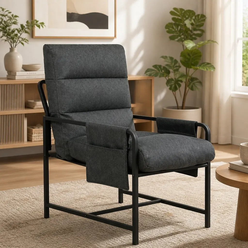 Lounge Chair Dark Grey Linen Soft Cushion Metal Frame Accent Chair with Removable Storage Bags