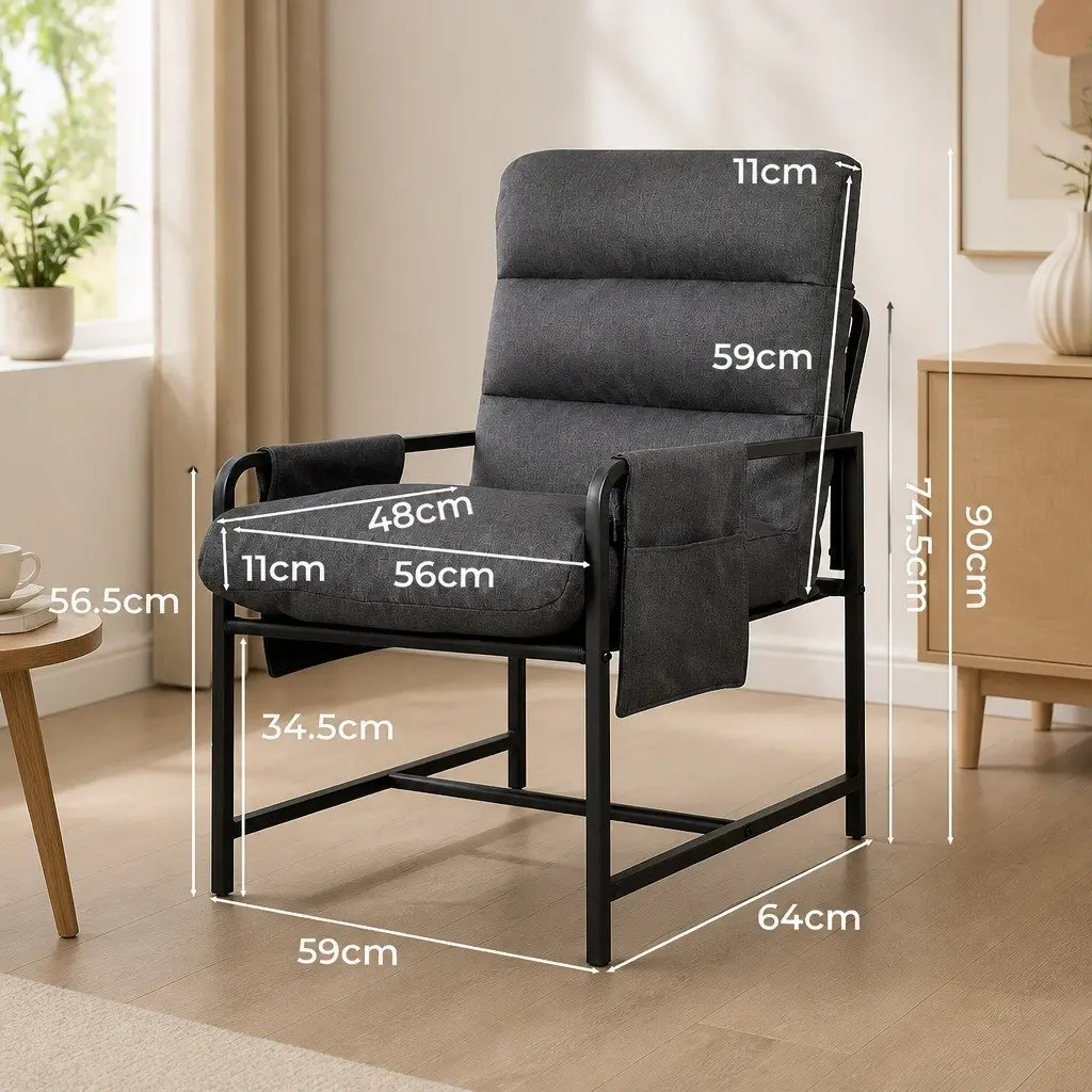 Lounge Chair Dark Grey Linen Soft Cushion Metal Frame Accent Chair with Removable Storage Bags