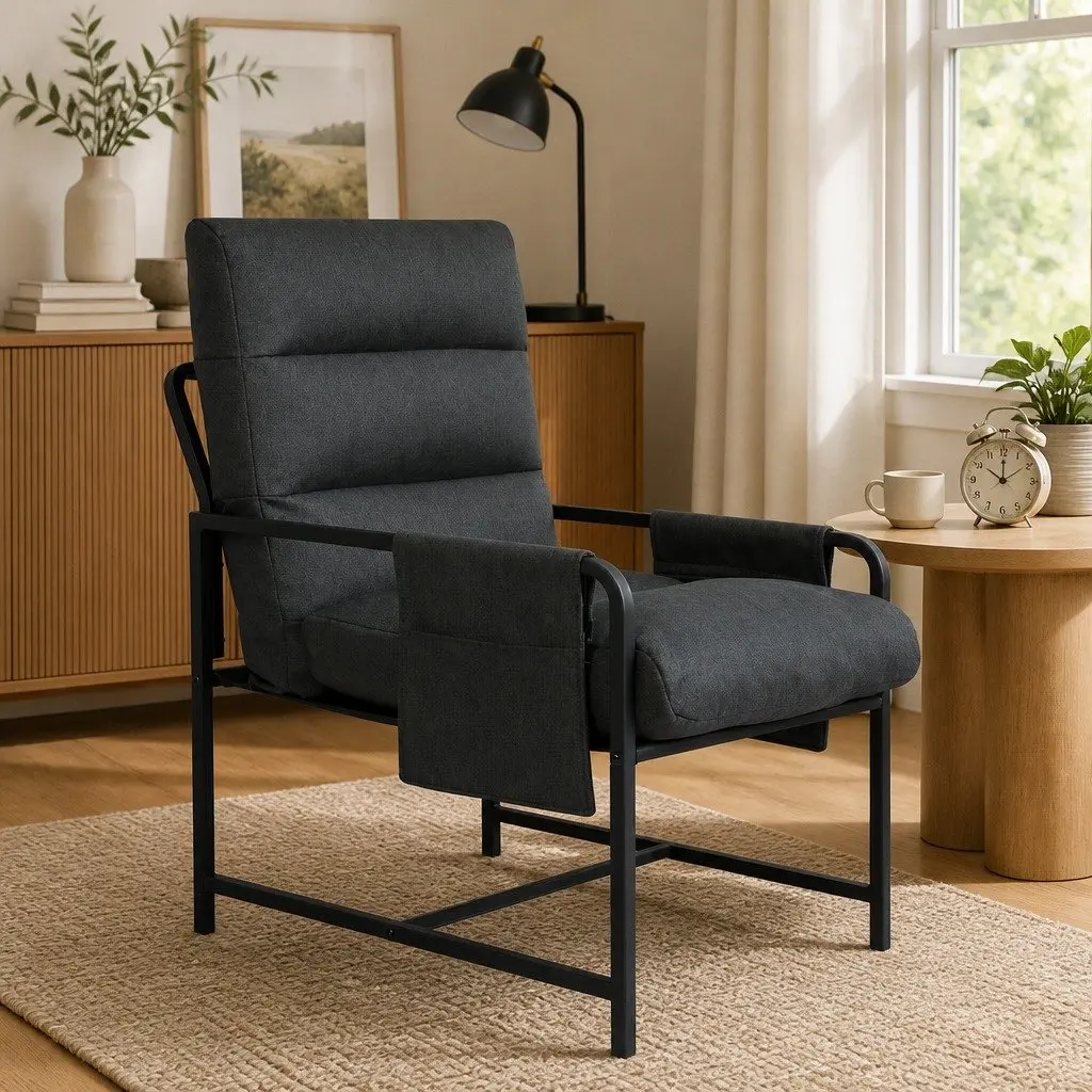 Lounge Chair Dark Grey Linen Soft Cushion Metal Frame Accent Chair with Removable Storage Bags