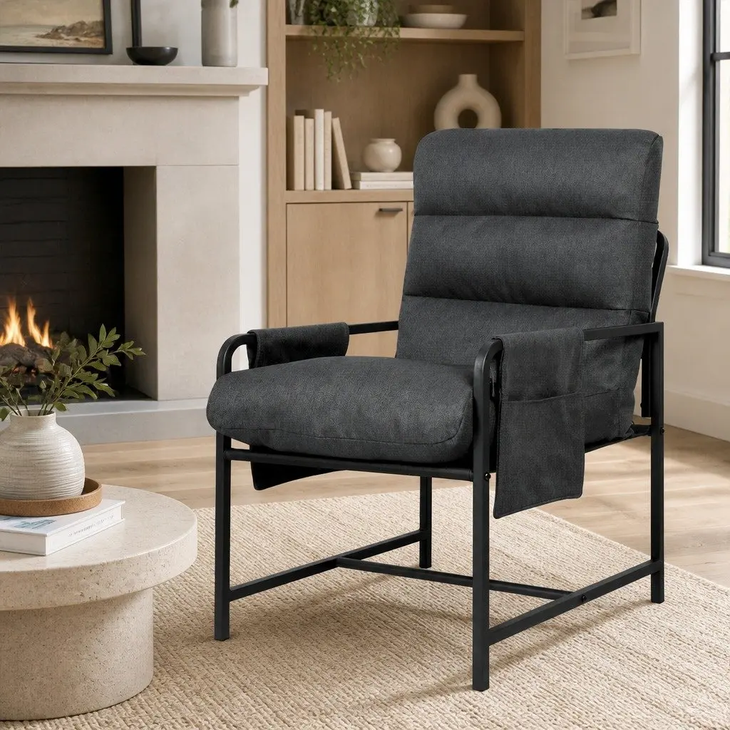 Lounge Chair Dark Grey Linen Soft Cushion Metal Frame Accent Chair with Removable Storage Bags
