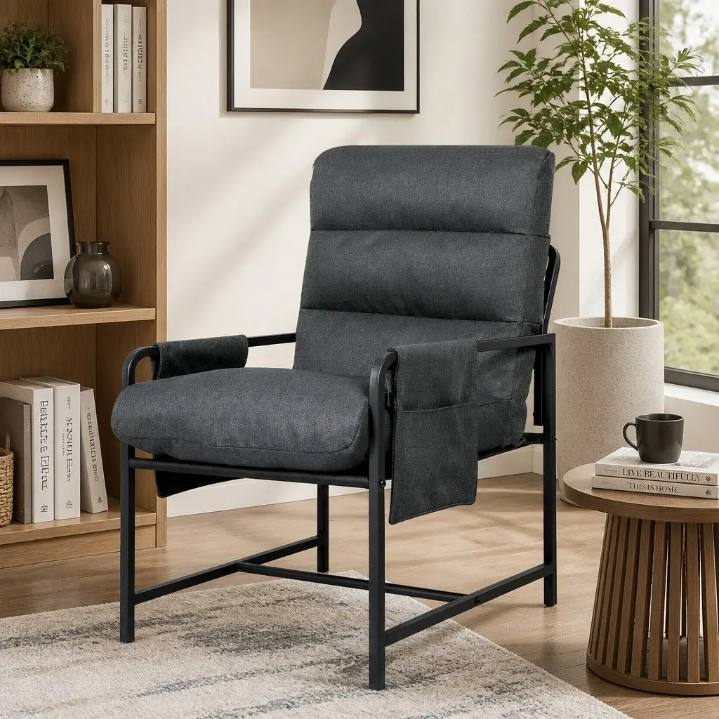 Lounge Chair Dark Grey Linen Soft Cushion Metal Frame Accent Chair with Removable Storage Bags