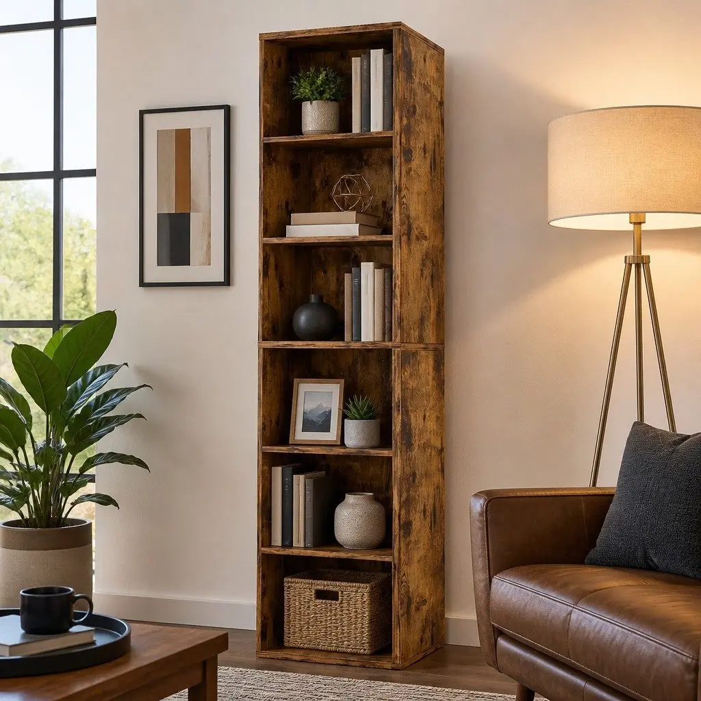 6 Tier Open Bookcase Walnut Freestanding Tall Particle Board Storage Display Unit