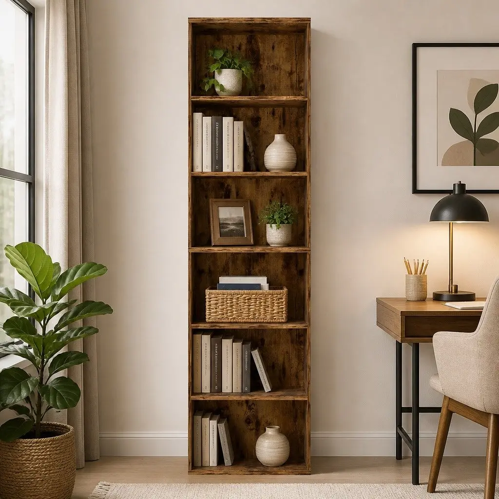 6 Tier Open Bookcase Walnut Freestanding Tall Particle Board Storage Display Unit