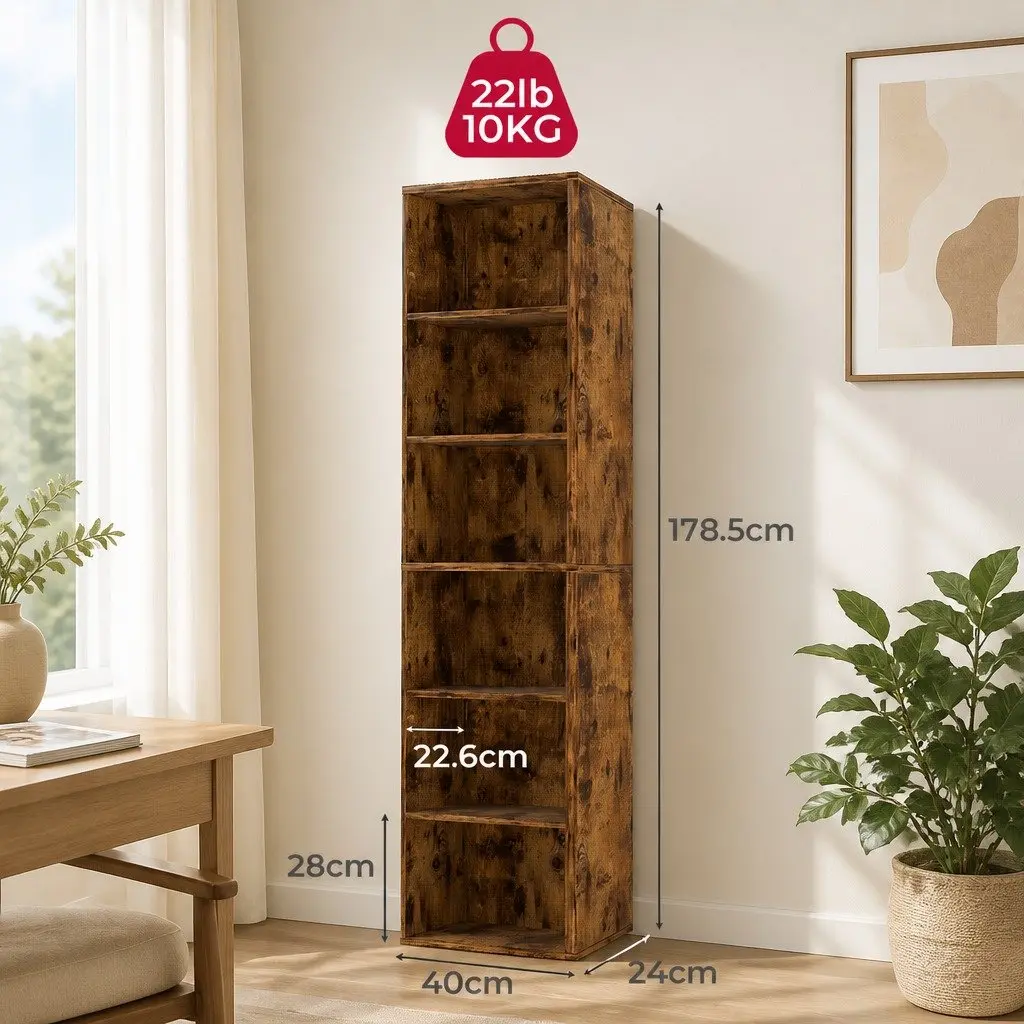 6 Tier Open Bookcase Walnut Freestanding Tall Particle Board Storage Display Unit