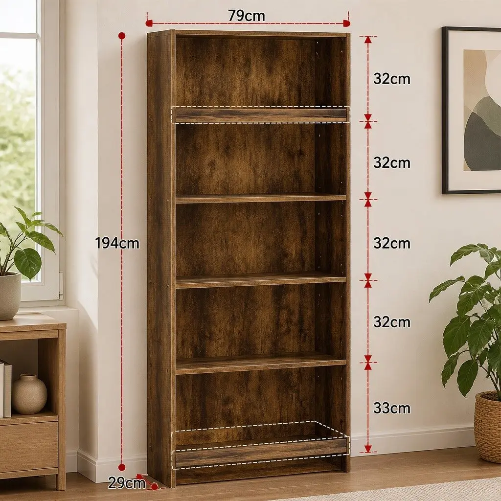 6 Tier Open Bookcase Walnut Freestanding Tall Particle Board Storage Display Unit