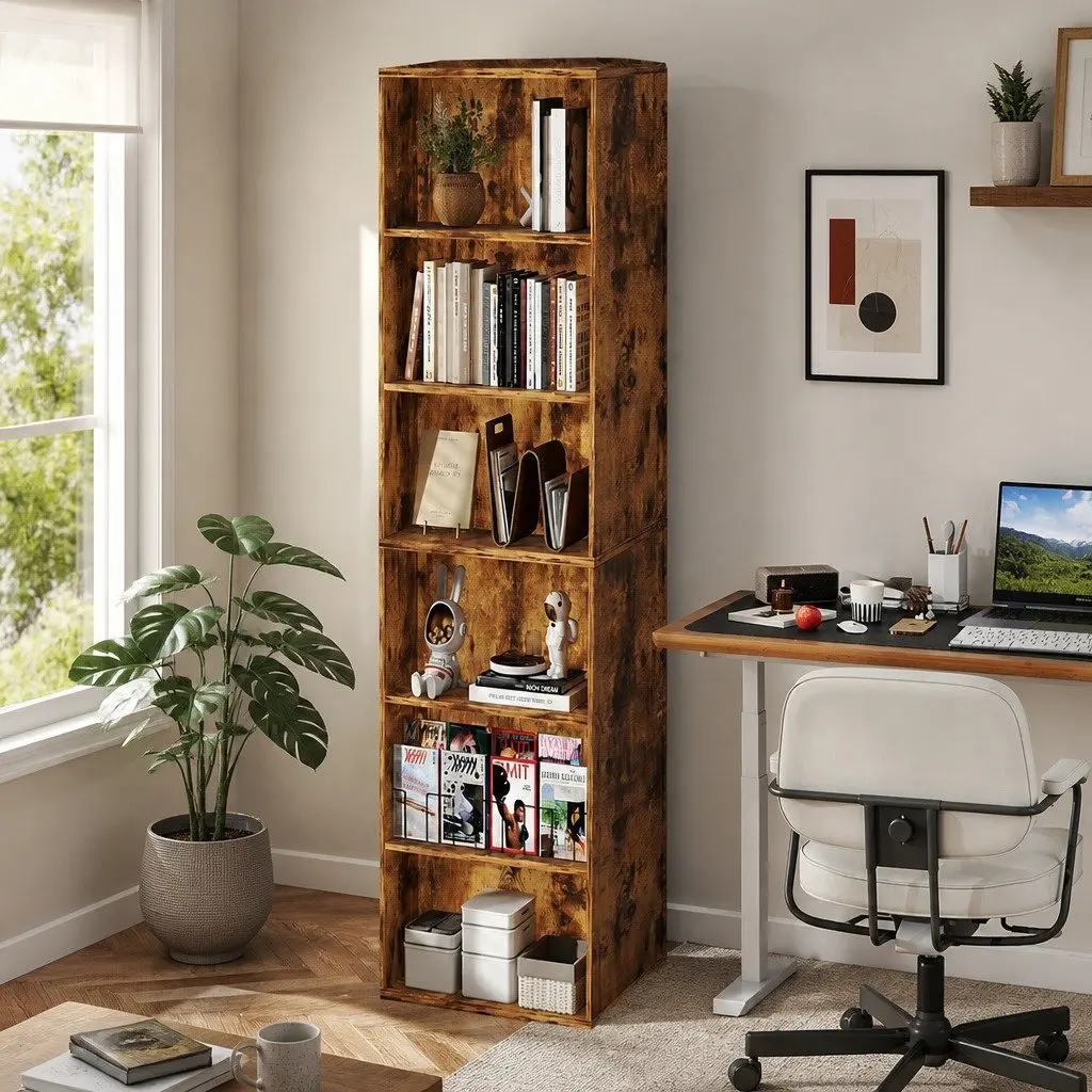 6 Tier Open Bookcase Walnut Freestanding Tall Particle Board Storage Display Unit