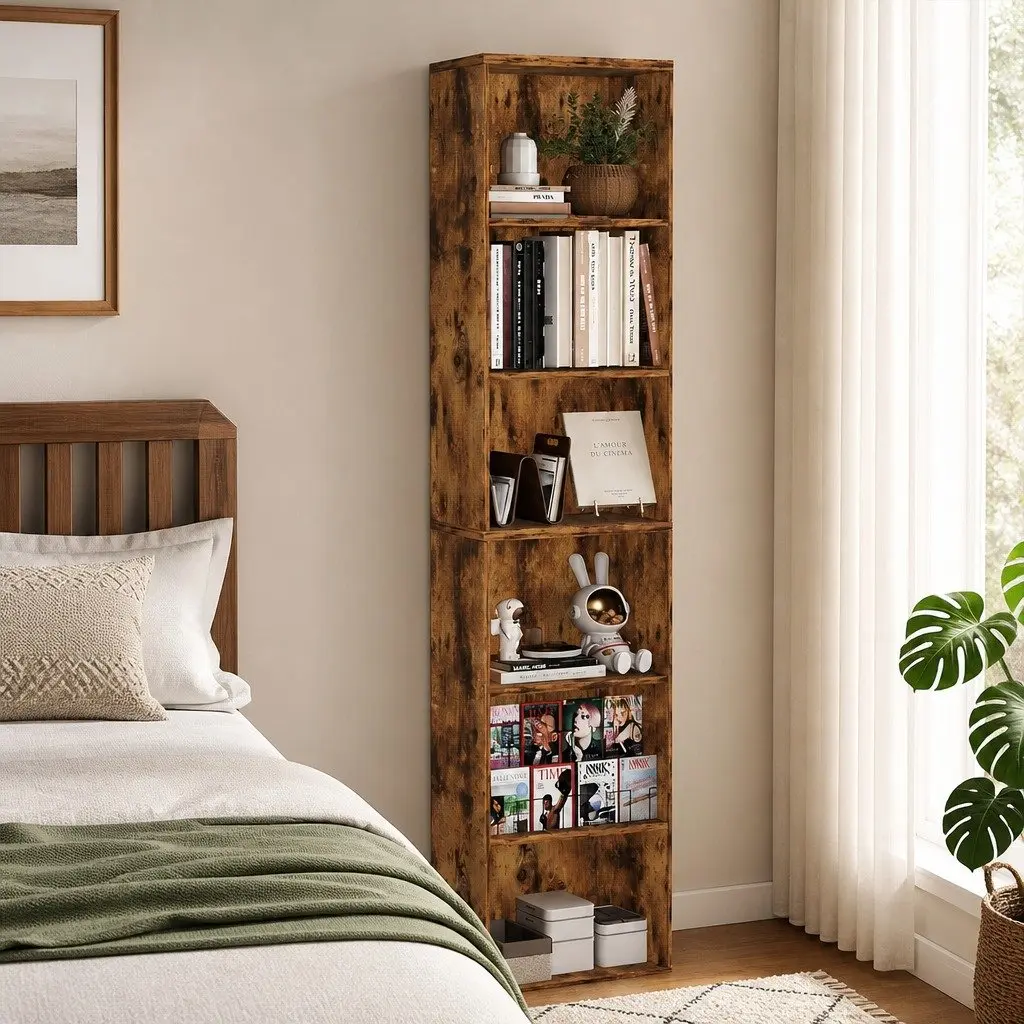 6 Tier Open Bookcase Walnut Freestanding Tall Particle Board Storage Display Unit