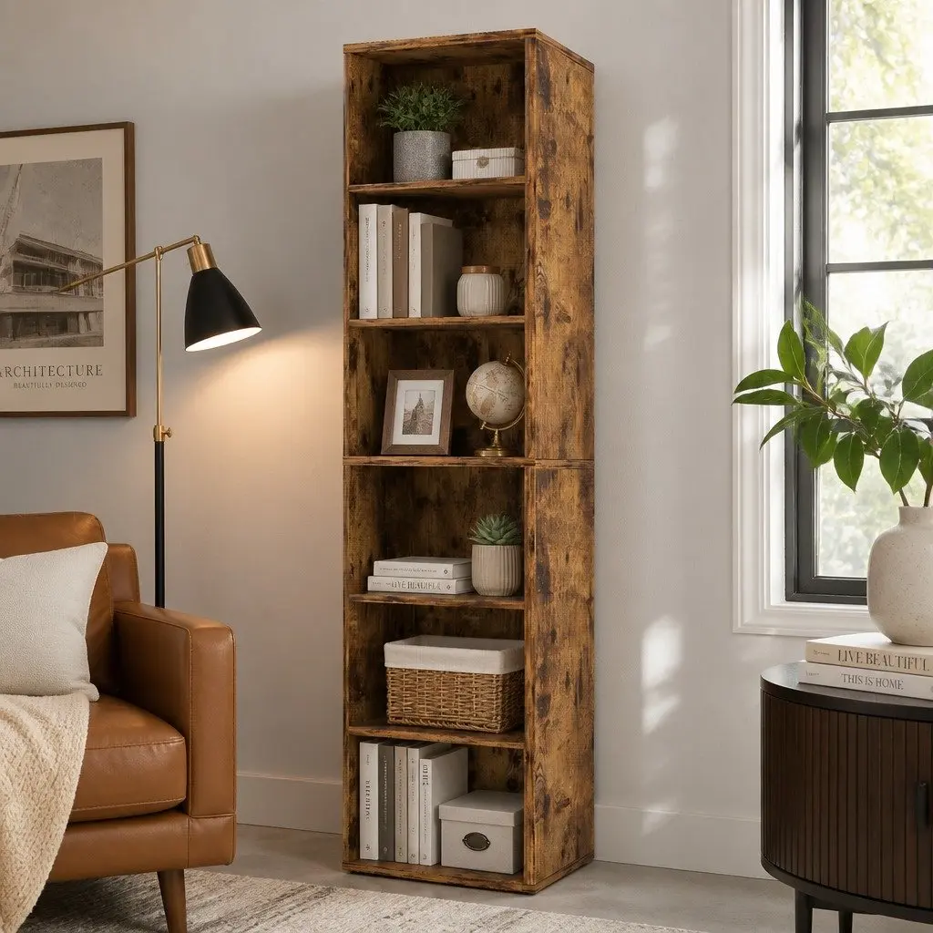 6 Tier Open Bookcase Walnut Freestanding Tall Particle Board Storage Display Unit
