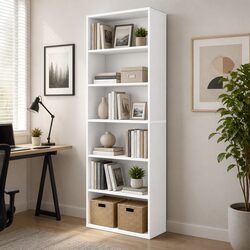6 Tier Book Shelf Adjustable Shelves Freestanding Storage Display White Wooden